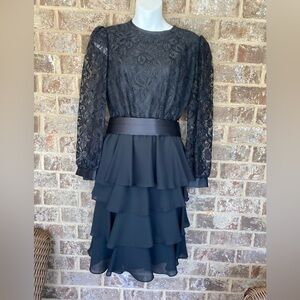 70s Vintage Mavinette Black lace layered ruffles Dress with Belt Sz 8 Goth Fairy
